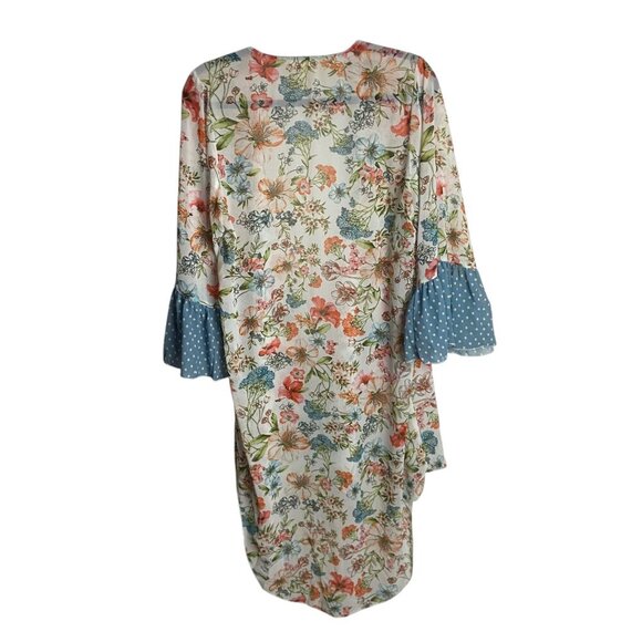 Mystree Size M Kimono Duster Longlined Floral Polka Dots Open Front Boho Hippie - Picture 2 of 6